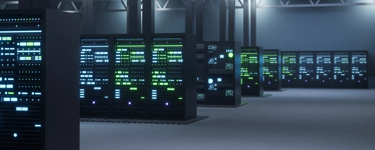 Rows of servers inside a modern AI data center supporting AI and cloud computing workloads.