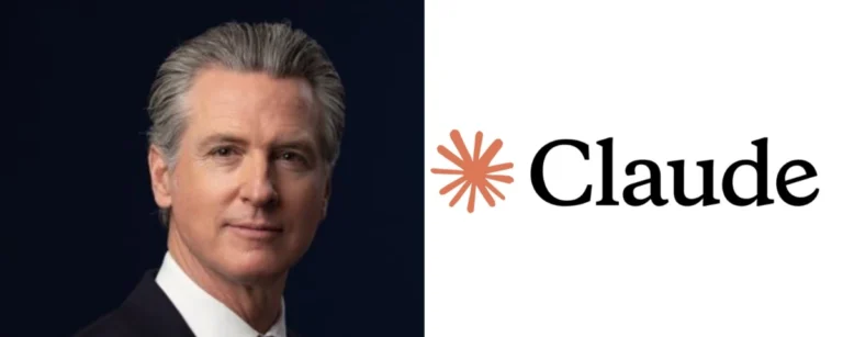 Portrait of California Governor Gavin Newsom alongside the Claude AI logo, representing California's partnership with Anthropic to expand Claude across state agencies.
