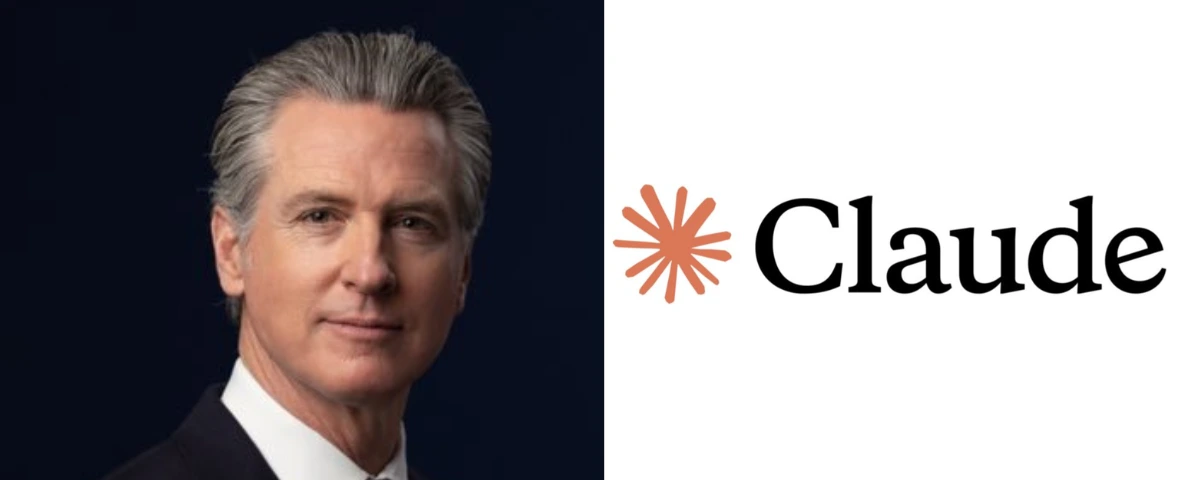 Portrait of California Governor Gavin Newsom alongside the Claude AI logo, representing California's partnership with Anthropic to expand Claude across state agencies.
