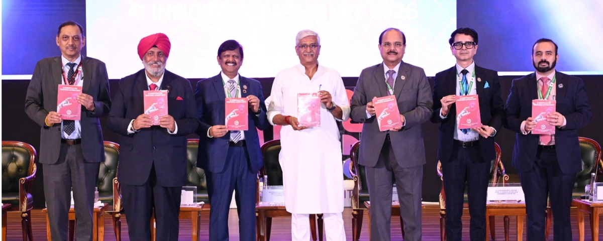 Union Minister for Culture and Tourism Gajendra Singh Shekhawat with ICAI officials at the AI Innovation Summit 2026.