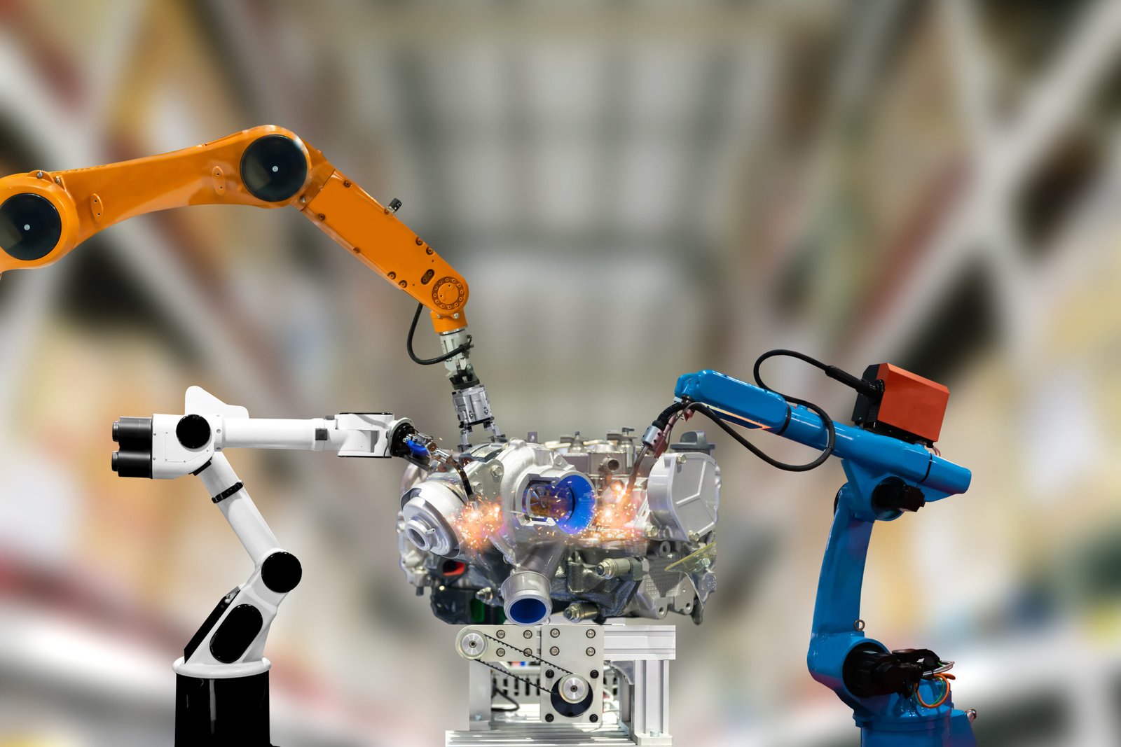 Industrial robotic arms operating on a manufacturing assembly line in an automated factory environment.