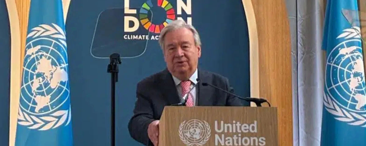 UN Secretary-General António Guterres speaks at a podium during London Climate Action Week,