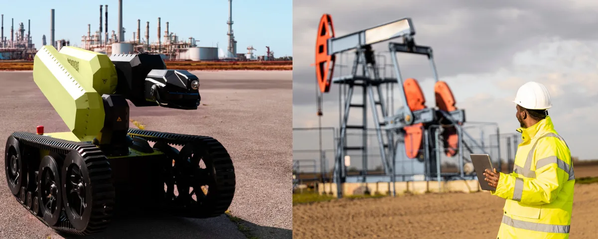 AI-powered inspection robot and oilfield operations infrastructure illustrating the use of autonomous robotics in the oil and gas industry.