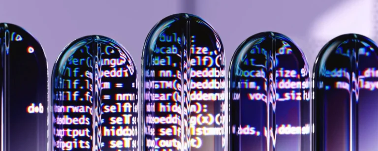 An image of multiple 3D shapes representing speech bubbles in a sequence, with broken up fragments of text within them. Pic Credit: Better Images of AI