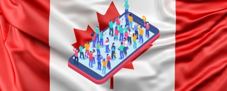 Canadian flag with illustration of diverse people standing on a smartphone, representing public participation.