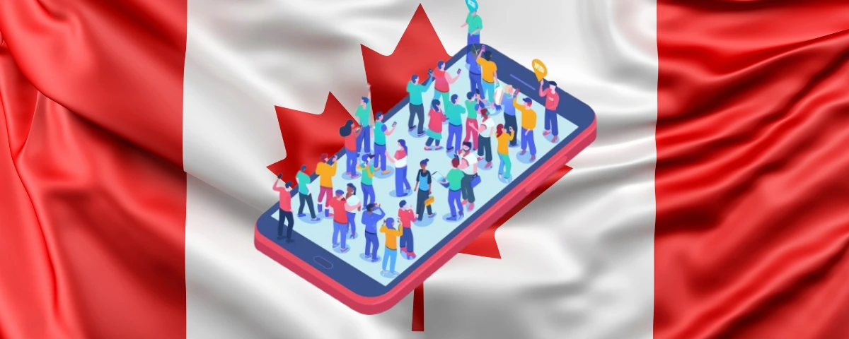 Canadian flag with illustration of diverse people standing on a smartphone, representing public participation.
