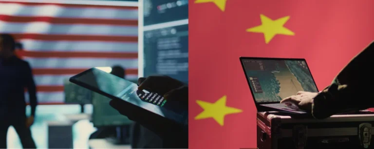 Split image showing a person using a tablet in front of the US flag and hands on a laptop against the Chinese flag, representing US-China AI tensions