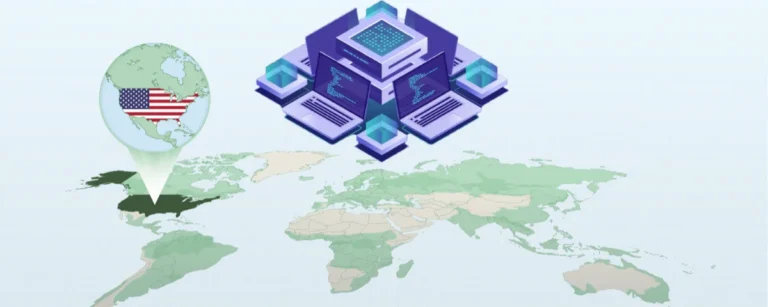 World map with a location pin marking the United States beside an isometric illustration of AI data centre servers, representing global dependence on US tech companies for sovereign AI infrastructure.