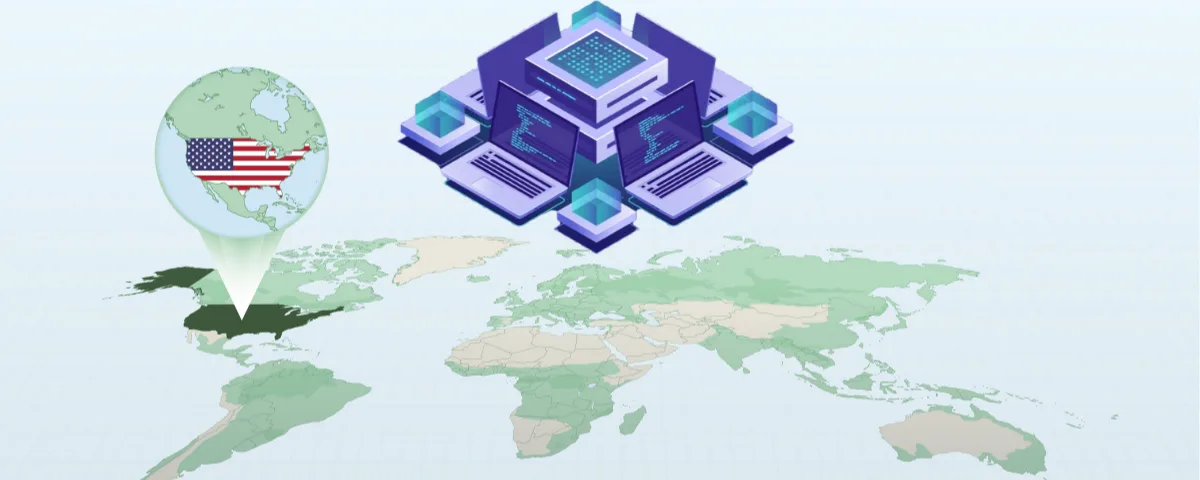 World map with a location pin marking the United States beside an isometric illustration of AI data centre servers, representing global dependence on US tech companies for sovereign AI infrastructure.
