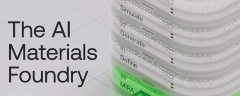 CuspAI's AI Materials Foundry graphic showing its MIRA platform stack with Define, Generate and Simulate stages.