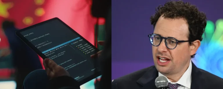 Split image of a tablet displaying programming code against a red backdrop and Anthropic CEO Dario Amodei speaking into a microphone, representing the debate over open-weight AI models and China's distillation of US AI systems