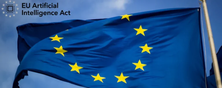 EU flag with "EU Artificial Intelligence Act" overlay text and chip icon