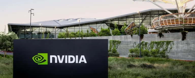 NVIDIA logo on a black signboard outside the company's Santa Clara headquarters building.