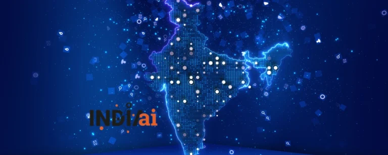 Digital illustration of India's map with glowing data points and the IndiaAI logo, representing the IndiaAI Mission