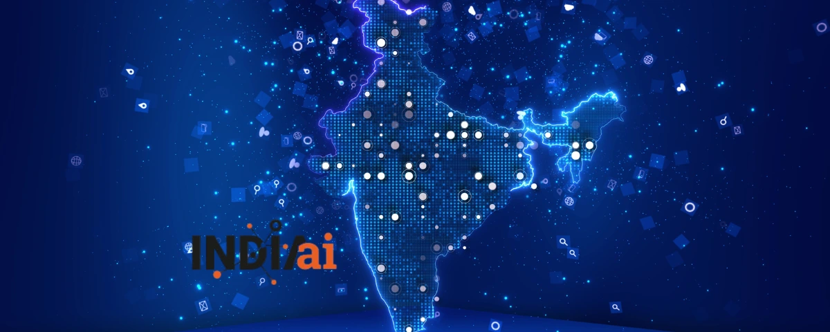 Digital illustration of India's map with glowing data points and the IndiaAI logo, representing the IndiaAI Mission