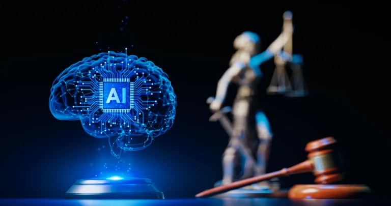Digital AI brain hologram with circuit board glowing beside a Lady Justice statue and wooden gavel, representing artificial intelligence in the US legal system