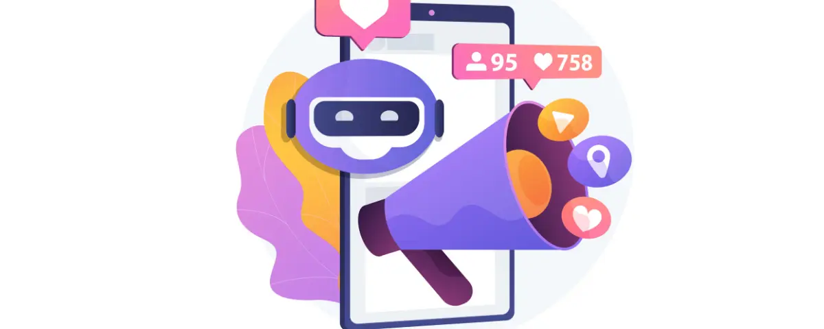 Illustration of a chatbot robot beside a smartphone with a megaphone, likes and follower notifications, representing AI tools influencing social media.