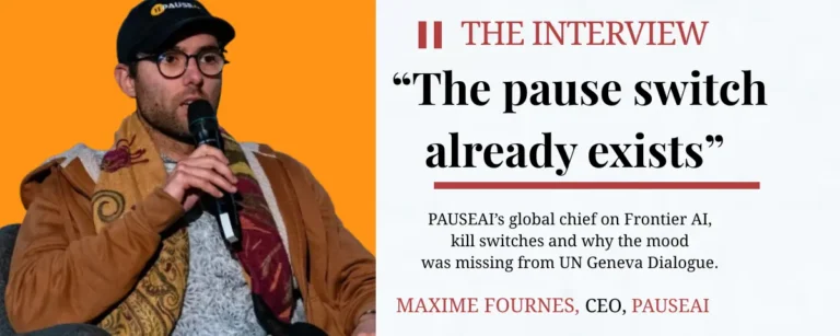 Maxime Fournes, global CEO of PauseAI, speaking into a microphone beside the headline The pause switch already exists.