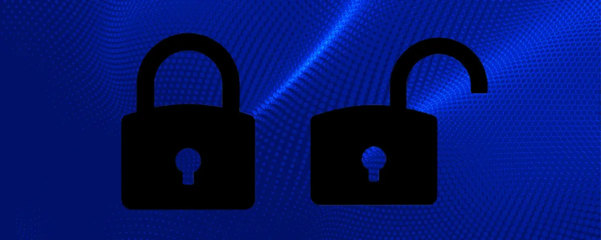 A closed padlock and an open padlock on a blue background, illustrating open-weight AI models versus closed models