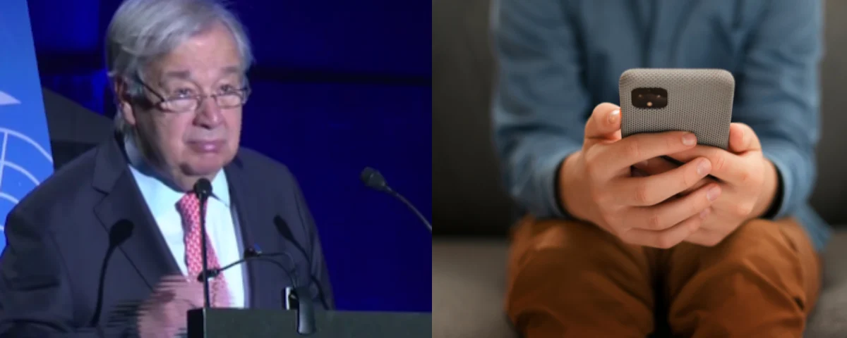 UN Secretary-General António Guterres speaking at the first Global Dialogue on AI Governance in Geneva and representative picture of a child using cellphone