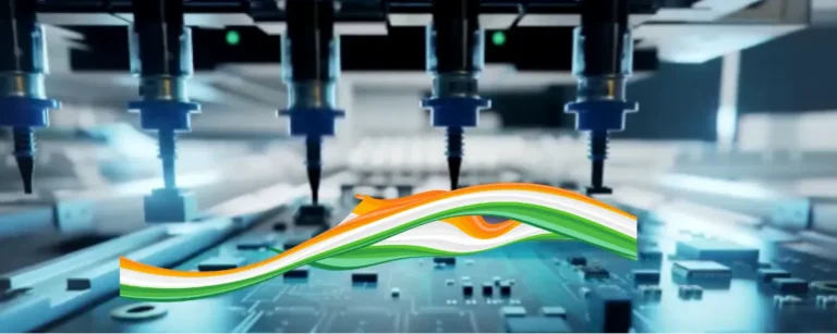 Semiconductor assembly machinery over a circuit board with an Indian tricolour ribbon, representing India's Semicon 2.0 programme