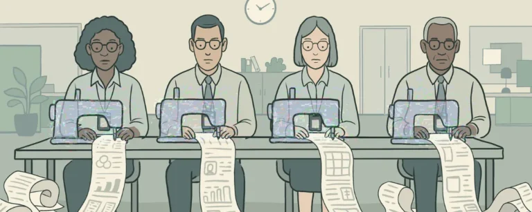 A row of knowledge workers operate sewing machines producing piles of spreadsheets and reports. Pic Credit: Better Images of AI/