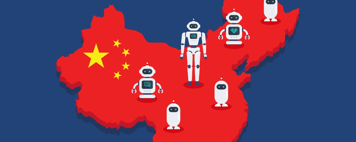 Illustration of white humanoid robots standing on a red map of China against a dark blue background, representing Chinese-made robots targeted by the US FCC ban