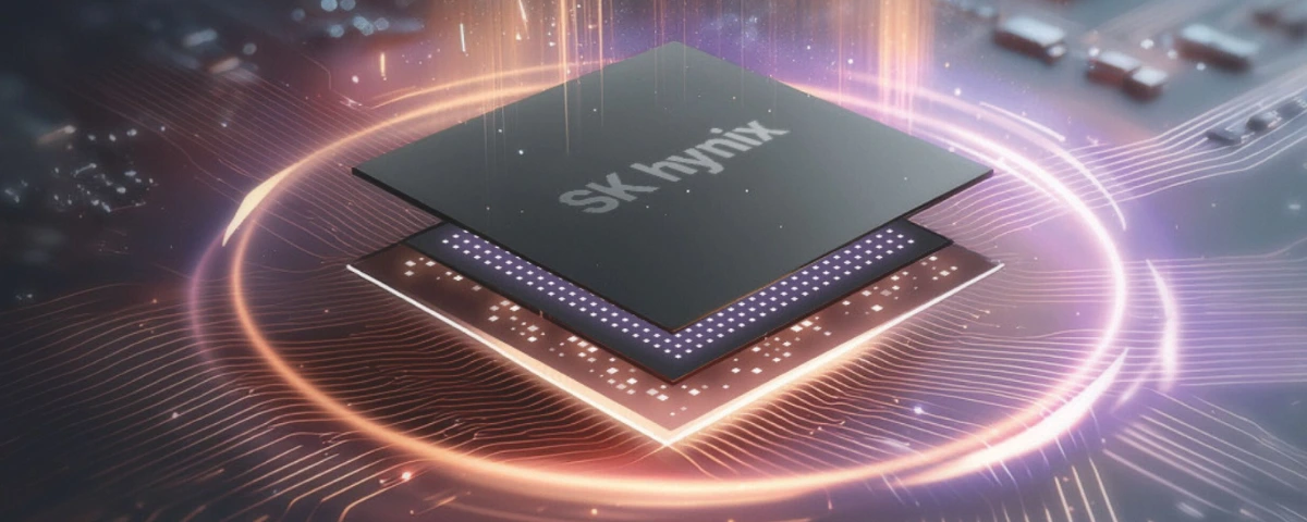 Close-up illustration of an SK hynix semiconductor chip mounted on a circuit board, surrounded by glowing circuitry to represent AI memory, advanced semiconductor technology and high-performance computing.