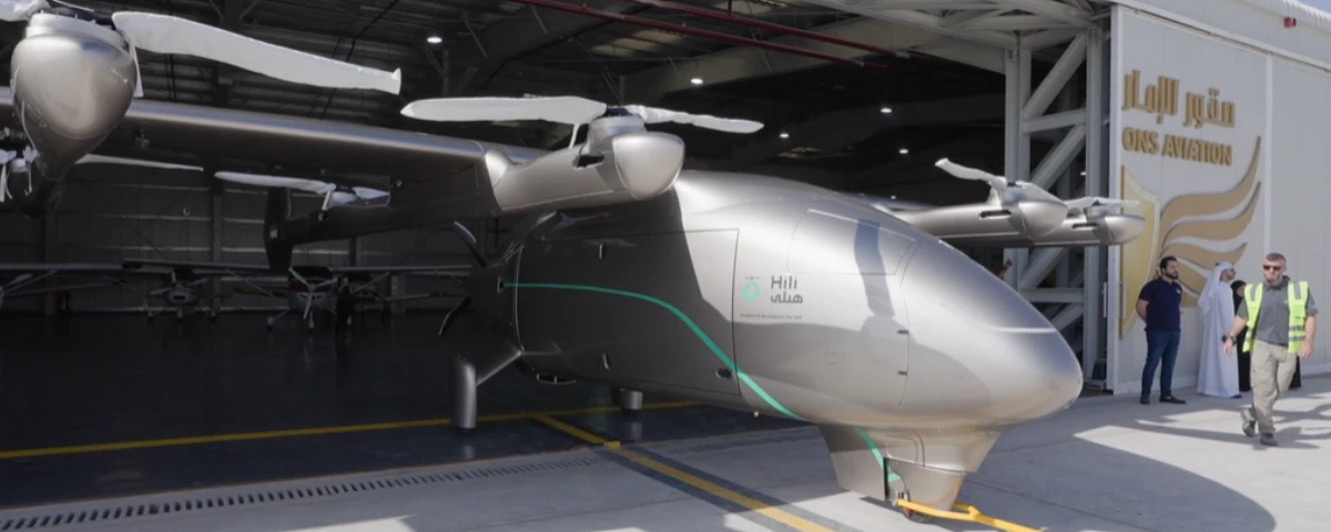 Hili, LODD Autonomous's hybrid-powered VTOL cargo aircraft, displayed outside a hangar in Abu Dhabi ahead of its civil aviation certification programme with the UAE's General Civil Aviation Authority (GCAA).