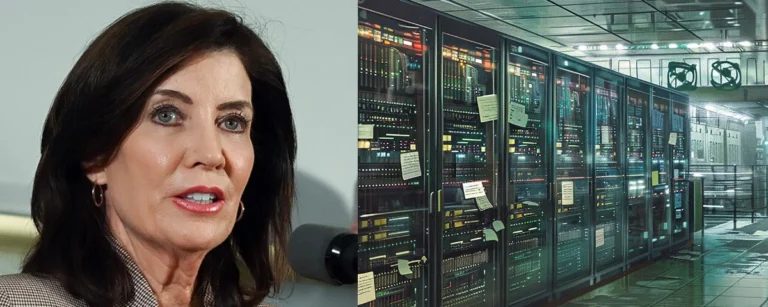 Governor Kathy Hochul speaking at a podium alongside a row of hyperscale data center server racks, illustrating New York's temporary moratorium on new AI data center development.