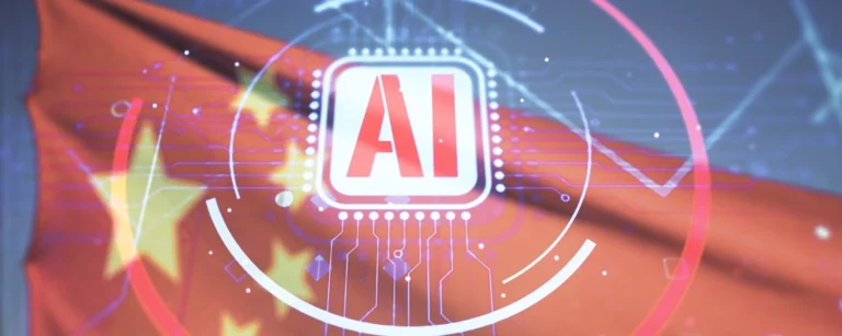 China's national flag displayed behind an AI chip, representing the country's evolving AI safety and governance framework.