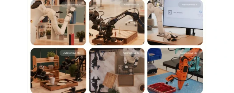 A collage of six images shows different robots powered by Google DeepMind's Gemini Robotics 2 performing tasks such as organizing shelves, manipulating a chessboard, interacting with a computer, serving items on a tray, coordinating with another robot to handle objects, and picking up small components with a robotic gripper.