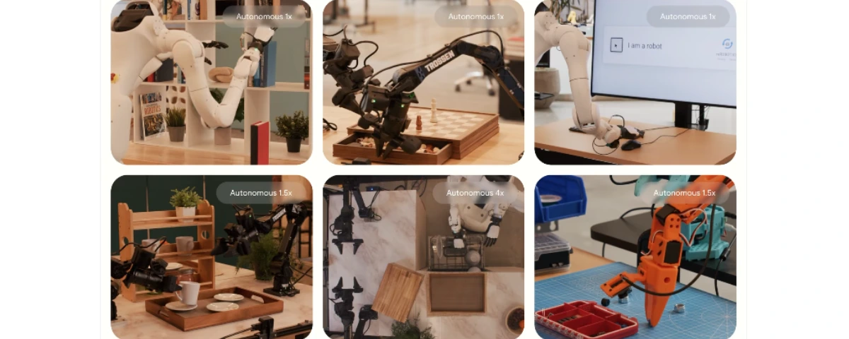 A collage of six images shows different robots powered by Google DeepMind's Gemini Robotics 2 performing tasks such as organizing shelves, manipulating a chessboard, interacting with a computer, serving items on a tray, coordinating with another robot to handle objects, and picking up small components with a robotic gripper.