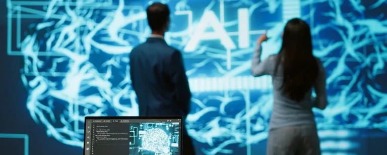 Two people stand facing a large digital display showing an AI-themed visualization with the letters "AI," while a laptop in the foreground displays code and a neural network graphic, illustrating artificial intelligence research and development.