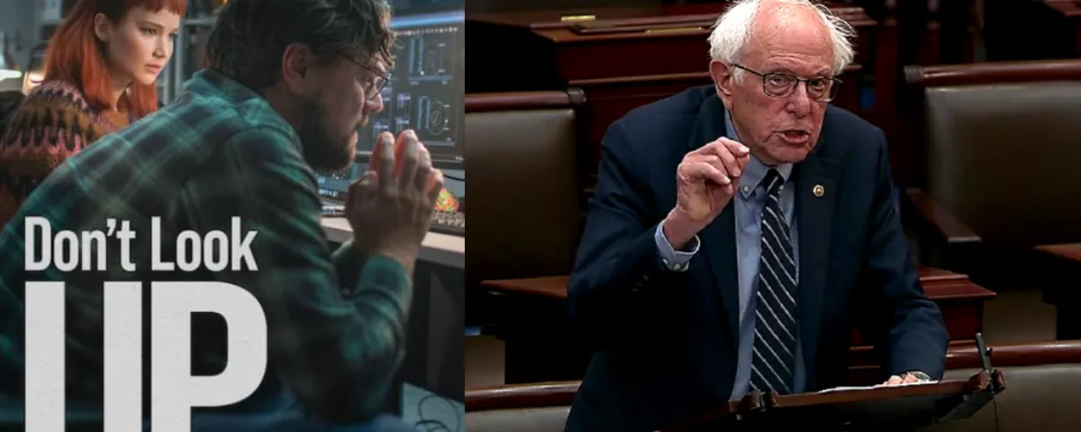 Bernie Sanders speaks in the US Senate beside a still from Don't Look Up, illustrating his AI warning