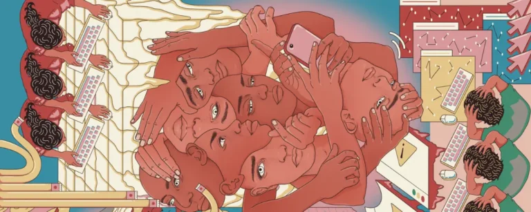Illustration of overlapping human faces and hands merged with keyboards, screens and cursors, depicting people entangled with AI systems that mediate their online communication