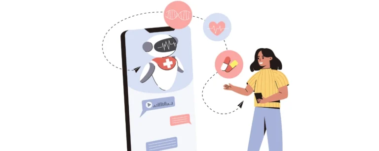 Illustration of a person interacting with an AI chatbot on a smartphone, with icons representing digital health and artificial intelligence.
