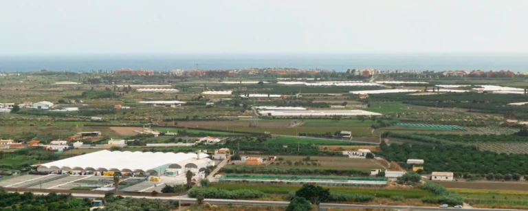 Panoramic view of farmland, greenhouses and rural infrastructure stretching toward the coastline under a clear sky.