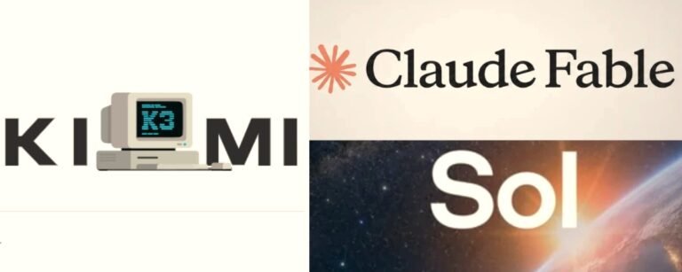 A composite graphic featuring the Kimi K3 logo with a retro computer icon, Anthropic's Claude Fable branding, and OpenAI's Sol branding against a space-themed background, illustrating the comparison between the three frontier AI models.