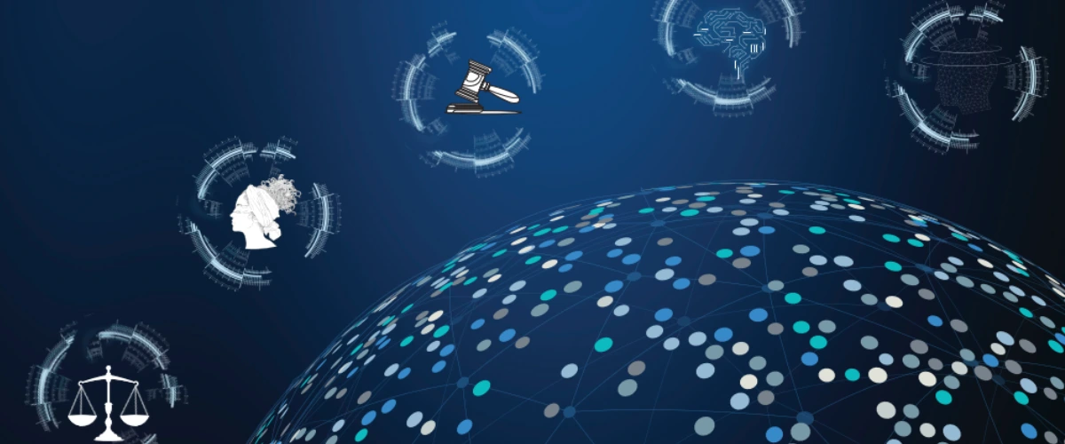 Illustration of a digital globe with AI- and justice-themed icons, including a judge's gavel, scales of justice, a human profile, and AI symbols, representing artificial intelligence in judicial systems.