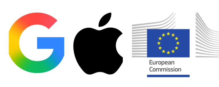 Google, Apple and European Commission logos representing the companies' challenge to the EU's AI assistant interoperability rules under the Digital Markets Act.