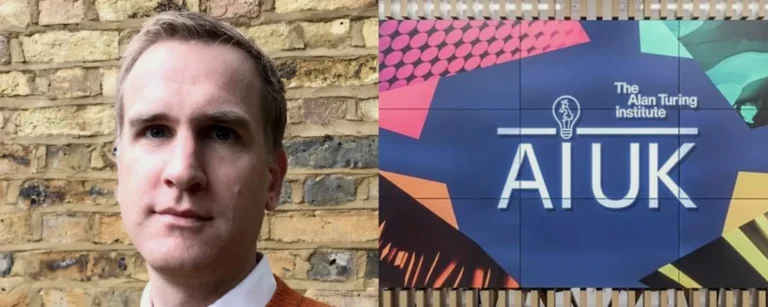 Portrait of Sam Cannicott beside an AI UK display featuring the Alan Turing Institute logo.