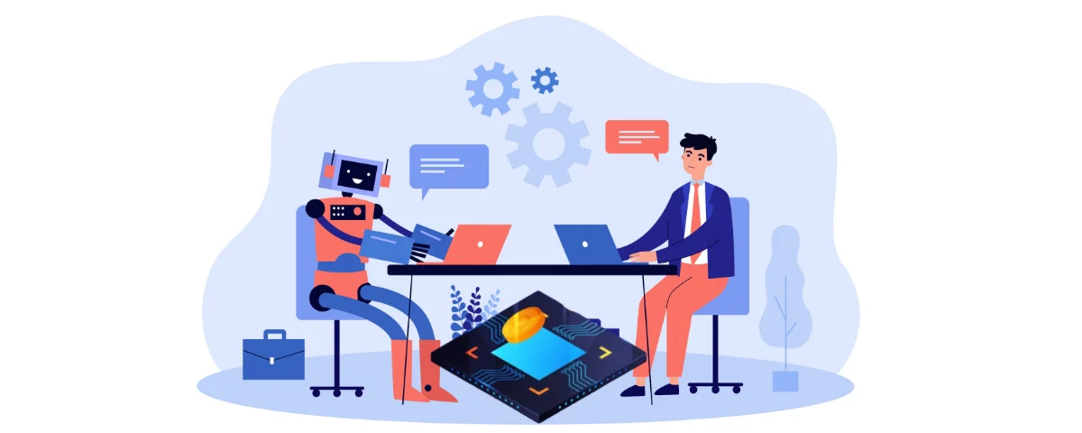 Flat vector illustration of an orange robot and a suited businessman sitting opposite each other at a desk with open laptops, speech bubbles, gears in the background, and a glowing microchip with a gold coin in the foreground.