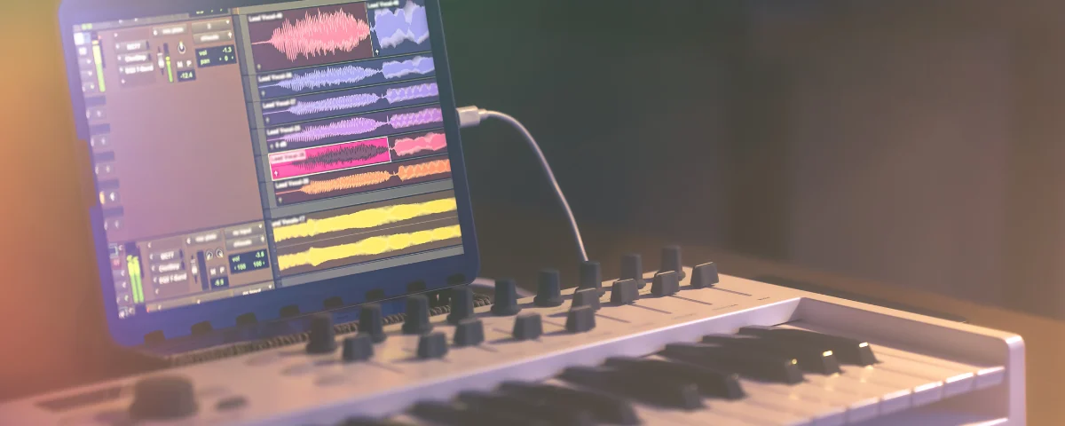 Digital audio workstation displaying music tracks and waveforms, illustrating AI-generated music