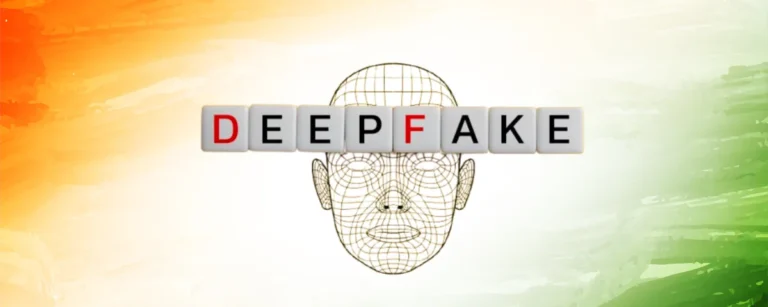 Illustration of a digital face with the word "Deepfake" representing India's new AI content and deepfake regulations for social media platforms.