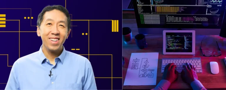 Split image: Left side shows smiling Andrew Ng in a light blue shirt against a dark purple background with yellow circuit-style lines; right side shows a developer’s hands typing on a white keyboard at a wooden desk with dual monitors displaying code, a tablet with code, a flowchart sketch, coffee mugs, glasses and a mouse under blue ambient lighting.