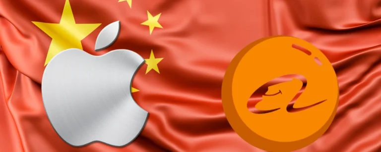 Silver Apple logo and orange Alibaba logo displayed side by side on a red Chinese national flag background.