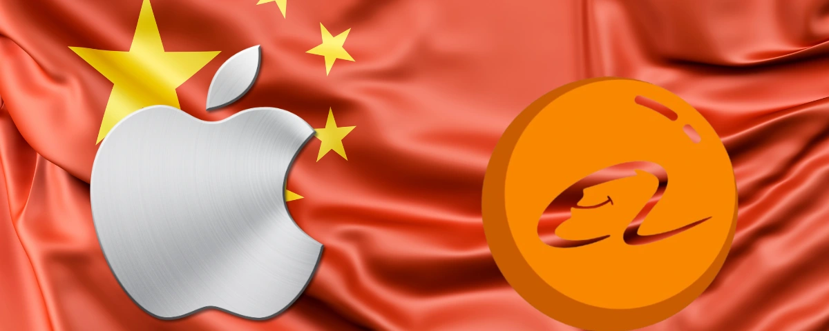 Silver Apple logo and orange Alibaba logo displayed side by side on a red Chinese national flag background.