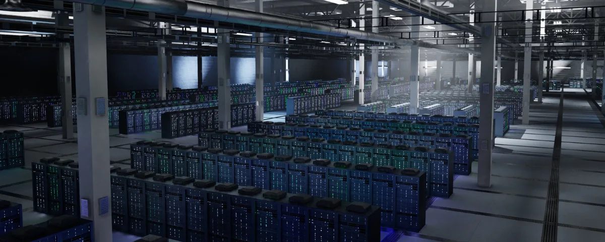 Vast industrial data center with multiple rows of blue-lit server racks and cooling infrastructure, representing Brazil’s planned AI supercomputing facilities.