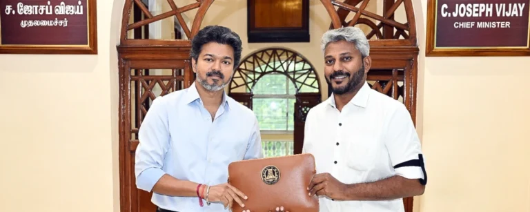 Tamil Nadu Chief Minister C. Joseph Vijay and Finance Minister N. Marie Wilson pose with the Revised Budget briefcase after the presentation of the 2026–27 Revised Budget, which outlines plans for the AI and Innovation City 'Arivagam' and broader AI and deep-tech initiatives.